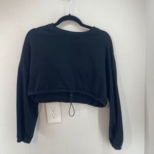SHEIN Black Cropped Sweatshirt Drawstring Hem Long Sleeve Pullover Top S